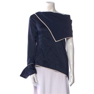 MONSE Navy Asymmetrical Blouse with White Trim